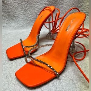 Fashion Nova Bright Orange Lace-Up Stiletto Sandals Heels Rhinestone Strap Sz 9